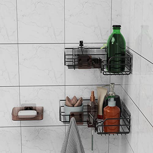 2-Pack Adhesive Corner Shower Caddy, Shower Shelf With 4 Removeable Razor Hooks and 1 Pack Adhesive Soap Dishes, No Drilling Rustproof Stainless Steel Eaeregs Shower Organizer for Inside Shower(Matte Black，Round wire style)