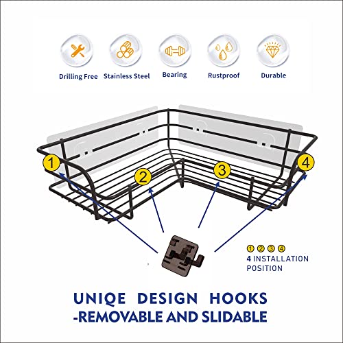2-Pack Adhesive Corner Shower Caddy, Shower Shelf With 4 Removeable Razor Hooks and 1 Pack Adhesive Soap Dishes, No Drilling Rustproof Stainless Steel Eaeregs Shower Organizer for Inside Shower(Matte Black，Round wire style)