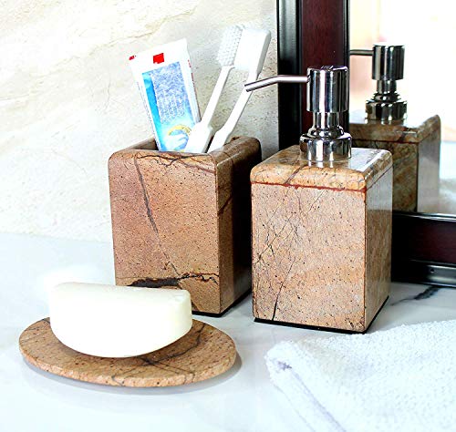 KLEO - Bathroom Accessory Set Made from Natural Brown/Sand Stone - Bath Accessories Set of 3 Includes Soap Dispenser, Utility and Soap Dish