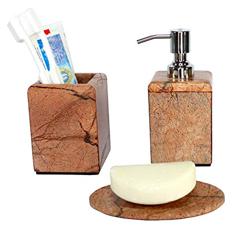 KLEO - Bathroom Accessory Set Made from Natural Brown/Sand Stone - Bath Accessories Set of 3 Includes Soap Dispenser, Utility and Soap Dish