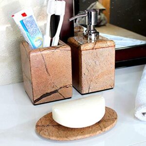 KLEO - Bathroom Accessory Set Made from Natural Brown/Sand Stone - Bath Accessories Set of 3 Includes Soap Dispenser, Utility and Soap Dish