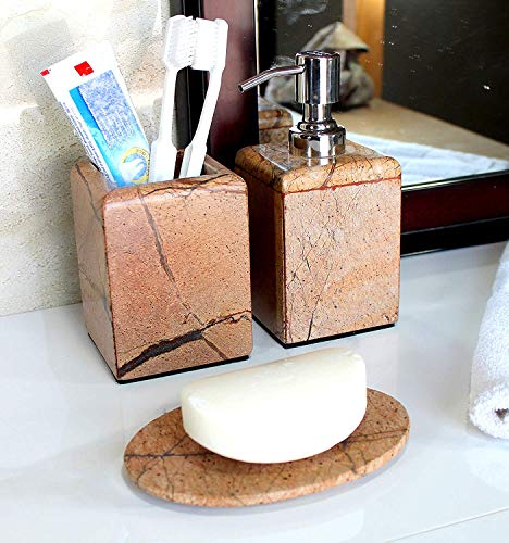 KLEO - Bathroom Accessory Set Made from Natural Brown/Sand Stone - Bath Accessories Set of 3 Includes Soap Dispenser, Utility and Soap Dish