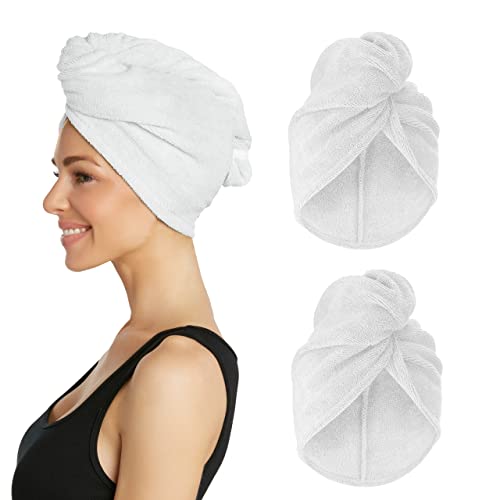 Turbie Twist Microfiber Hair Towel Wrap for Women and Men | 2 Pack | Bathroom Essential Accessories | Quick Dry Hair Turban for Drying Curly, Long & Thick Hair (White, White)