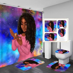 african american shower curtains for bathroom, black girl bathroom sets with shower curtain and rugs and accessories, 4pcs colorful bathroom decor sets (violet)