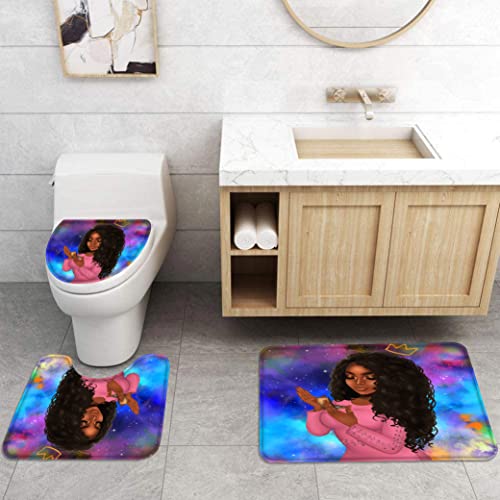 African American Shower Curtains for Bathroom, Black Girl Bathroom Sets with Shower Curtain and Rugs and Accessories, 4Pcs Colorful Bathroom Decor Sets (Violet)