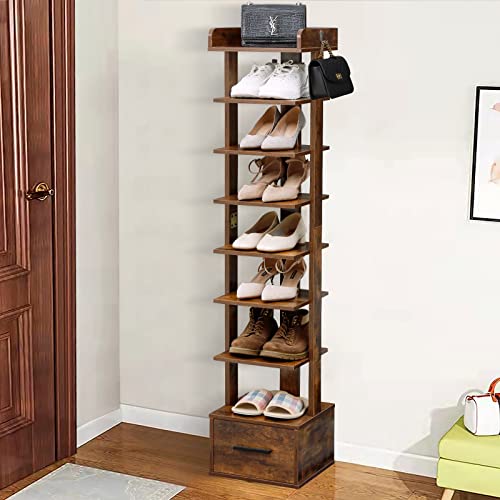 usikey 8 Tiers Vertical Shoe Rack, Wooden Narrow Shoe Tower with Bottom Drawer, Tall Shoe Rack Organizer, Space Saving Shoe Storage Shelf Stand for Small Space, Entryway, Rustic Brown