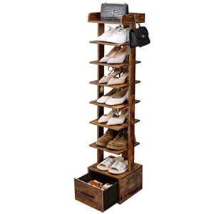 usikey 8 Tiers Vertical Shoe Rack, Wooden Narrow Shoe Tower with Bottom Drawer, Tall Shoe Rack Organizer, Space Saving Shoe Storage Shelf Stand for Small Space, Entryway, Rustic Brown