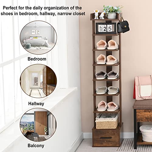 usikey 8 Tiers Vertical Shoe Rack, Wooden Narrow Shoe Tower with Bottom Drawer, Tall Shoe Rack Organizer, Space Saving Shoe Storage Shelf Stand for Small Space, Entryway, Rustic Brown