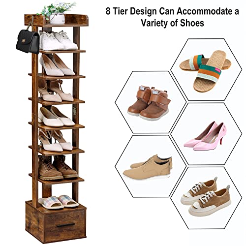 usikey 8 Tiers Vertical Shoe Rack, Wooden Narrow Shoe Tower with Bottom Drawer, Tall Shoe Rack Organizer, Space Saving Shoe Storage Shelf Stand for Small Space, Entryway, Rustic Brown