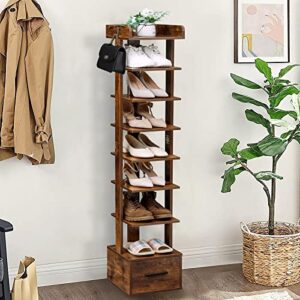 usikey 8 Tiers Vertical Shoe Rack, Wooden Narrow Shoe Tower with Bottom Drawer, Tall Shoe Rack Organizer, Space Saving Shoe Storage Shelf Stand for Small Space, Entryway, Rustic Brown