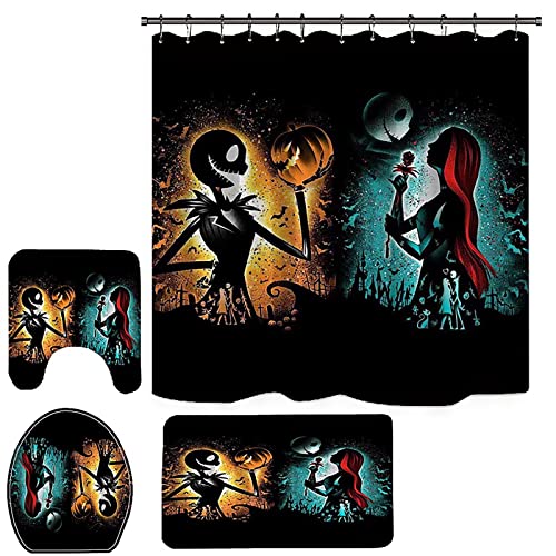 NEWSUYAA Halloween Decorations Shower Curtain Set with Non-Slip Rugs and Bath Mats,Nightmare Before Christmas Bathtub Curtains with 12 Hooks,Waterproof Bathroom Decor