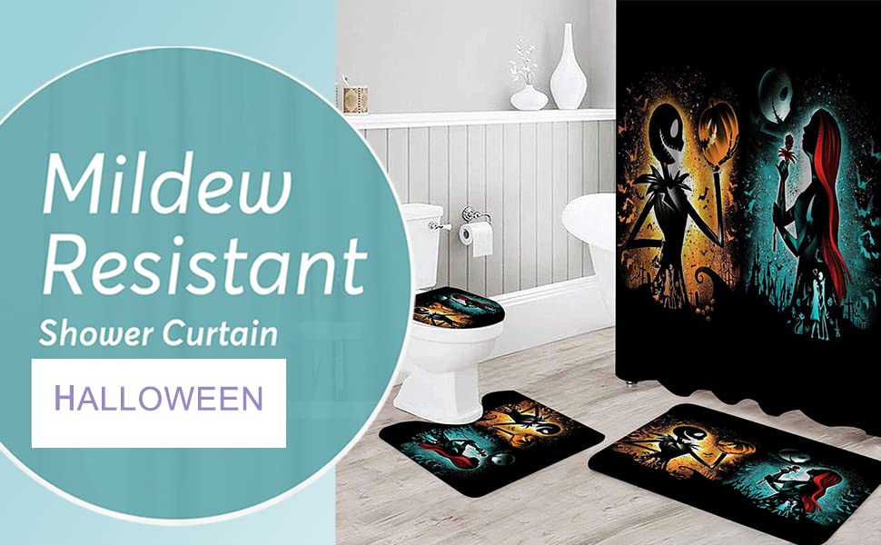 NEWSUYAA Halloween Decorations Shower Curtain Set with Non-Slip Rugs and Bath Mats,Nightmare Before Christmas Bathtub Curtains with 12 Hooks,Waterproof Bathroom Decor