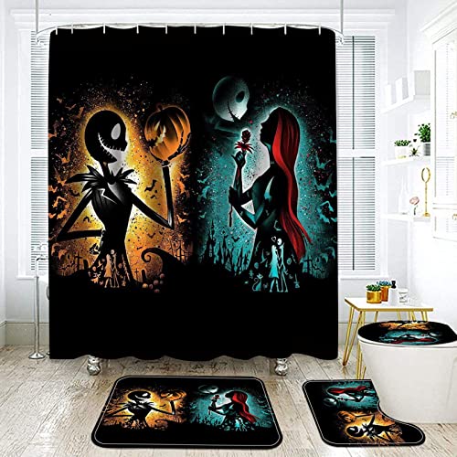 NEWSUYAA Halloween Decorations Shower Curtain Set with Non-Slip Rugs and Bath Mats,Nightmare Before Christmas Bathtub Curtains with 12 Hooks,Waterproof Bathroom Decor