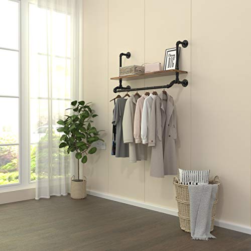 Tianman 40" W,Industrial Detachable Wall Mounted Black Iron wooden Garment Bar,Pipe Clothes Rack,Heavy Duty pipe clothing rack, Multi-Purpose Hanging Rod for Closet Storage (40" W)