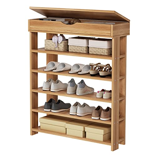 sogesfurniture 29.5 inches Wooden Shoe Rack with Storage Compartment, 5-tier Free Standing Shoe Storage Shelf Shoe Organizer for Entryway, Living Room, Hallway, Doorway (Teak)