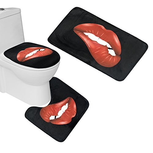 Amagical Sexy Decor Red and Black Bathroom Decoration 3 Piece Bathroom Mat Set Woman Red Lips Print Bath Mat Contour Mat Toilet Cover