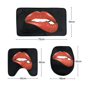 Amagical Sexy Decor Red and Black Bathroom Decoration 3 Piece Bathroom Mat Set Woman Red Lips Print Bath Mat Contour Mat Toilet Cover