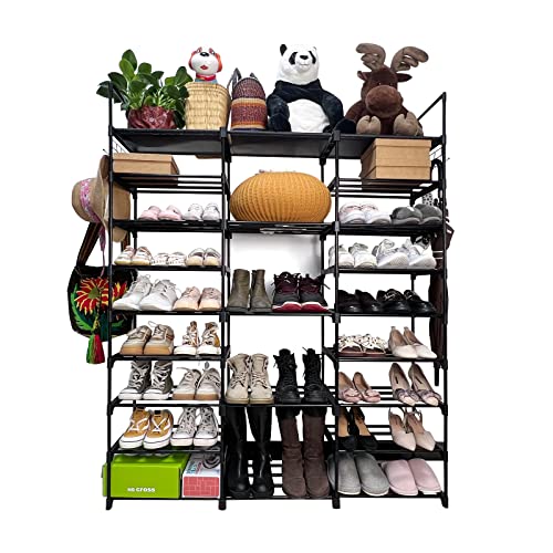 TDFERAN 9-Tier Shoe Rack, Large Shoe Organizer for Closet with Side Hooks, 50-55 Pairs Shoe and Boots Space Saving Free Standing Stackable Metal Shoe Rack Storage for Entryway Hallway Bedroom