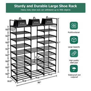 TDFERAN 9-Tier Shoe Rack, Large Shoe Organizer for Closet with Side Hooks, 50-55 Pairs Shoe and Boots Space Saving Free Standing Stackable Metal Shoe Rack Storage for Entryway Hallway Bedroom