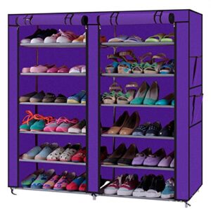 kepooman double rows 12 lattices shoe rack with dustproof cover shoe storage organizer cabinet shoe shelf tower,non-woven fabric cover (purple)