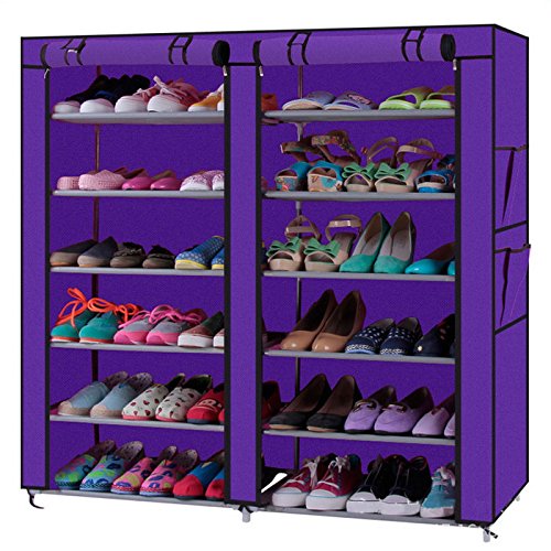 KepooMan Double Rows 12 Lattices Shoe Rack with Dustproof Cover Shoe Storage Organizer Cabinet Shoe Shelf Tower,Non-Woven Fabric Cover (Purple)