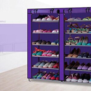 KepooMan Double Rows 12 Lattices Shoe Rack with Dustproof Cover Shoe Storage Organizer Cabinet Shoe Shelf Tower,Non-Woven Fabric Cover (Purple)