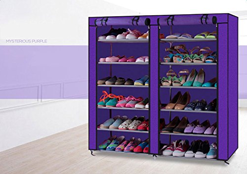 KepooMan Double Rows 12 Lattices Shoe Rack with Dustproof Cover Shoe Storage Organizer Cabinet Shoe Shelf Tower,Non-Woven Fabric Cover (Purple)