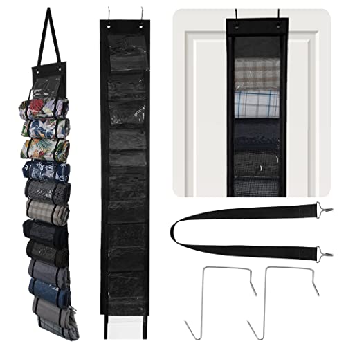 Outgeek Leggings Storage Organizer, Space Saving Clothes Roll Holder with 12 Compartments, Foldable Closet Hanging Storage Bag for Shirts, Pants, Towels, Jean (Black)