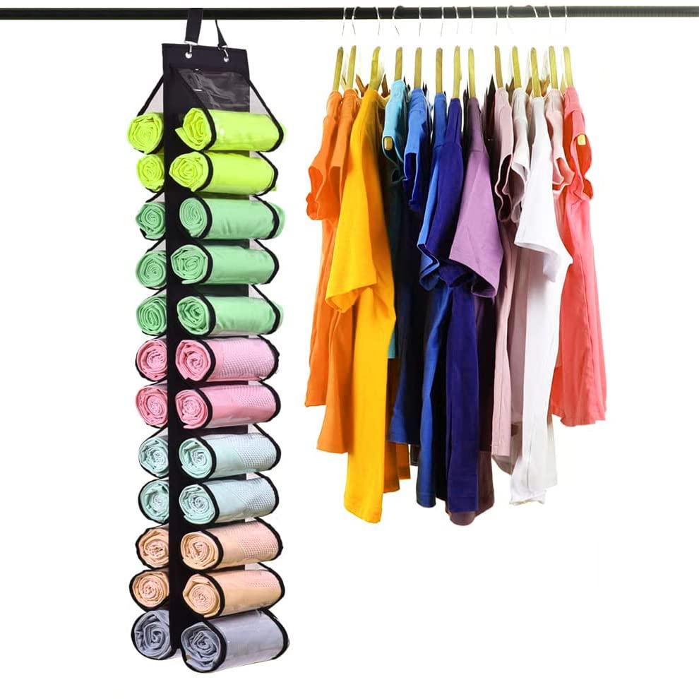 Outgeek Leggings Storage Organizer, Space Saving Clothes Roll Holder with 12 Compartments, Foldable Closet Hanging Storage Bag for Shirts, Pants, Towels, Jean (Black)