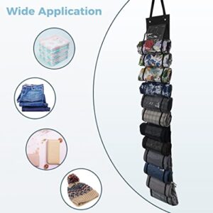 Outgeek Leggings Storage Organizer, Space Saving Clothes Roll Holder with 12 Compartments, Foldable Closet Hanging Storage Bag for Shirts, Pants, Towels, Jean (Black)