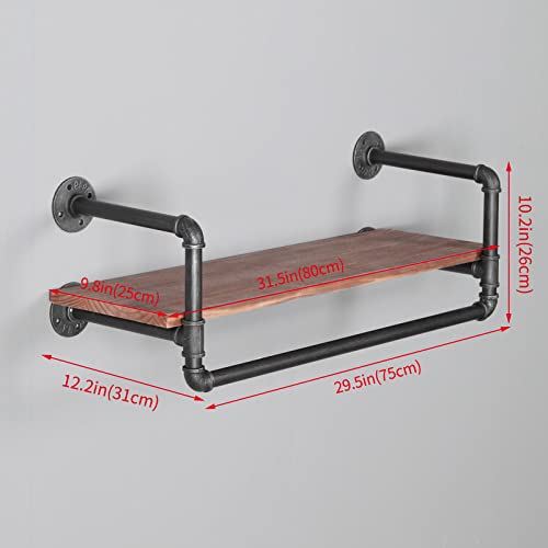 RZGY Industrial Pipe Clothing Rack with Shelves, Metal Commercial Clothes Racks for Hanging Clothes,Wall Mounted Black Iron Garment Bar