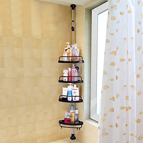 BAOYOUNI 4-Tier Shower Corner Caddy Tension Pole Adjustable Bathroom Shelf Floor to Ceiling Storage Rack Organizer Holder - No Drilling - Black