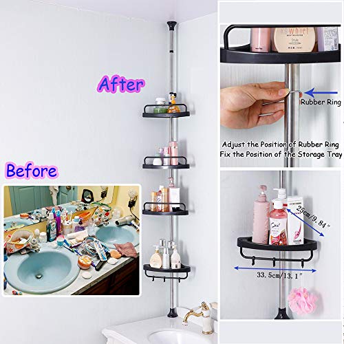 BAOYOUNI 4-Tier Shower Corner Caddy Tension Pole Adjustable Bathroom Shelf Floor to Ceiling Storage Rack Organizer Holder - No Drilling - Black