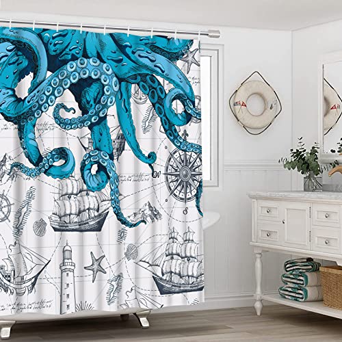 4 Pcs Octopus Shower Curtain Set, Nautical Bathroom Sets with Shower Curtain and Rugs, Blue Beach Ocean Kraken Pirate Shower Curtain Set with Non-Slip Rug, Toilet Lid Cover, Bath Mat and Hooks