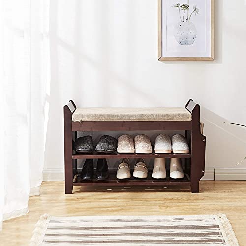 ZLELOUY Shoe Bench Shoe Rack Boot Organizer for Hallway Entryway 2-Tier Bamboo Cushion Storage Shelf(Small (Classic))