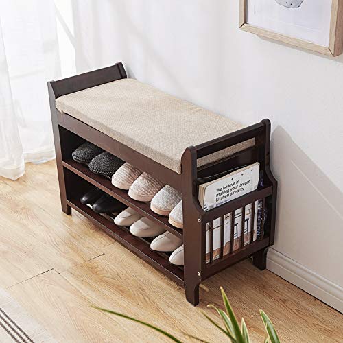 ZLELOUY Shoe Bench Shoe Rack Boot Organizer for Hallway Entryway 2-Tier Bamboo Cushion Storage Shelf(Small (Classic))