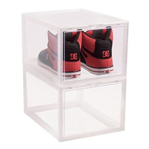 dionyssa shoe storage large box -set of 2 drop clear front door shoe organizer stackable display case- magnetic front lids plastic container, easy to assemble-perfect for sneakers up to men's size 13 and high-heels. great closet shoe organizer.