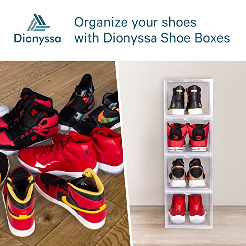 Dionyssa Shoe Storage Large Box -Set of 2 Drop Clear Front Door Shoe Organizer Stackable Display Case- Magnetic Front lids Plastic Container, easy to Assemble-Perfect for Sneakers up to men's size 13 and high-heels. Great closet shoe organizer.