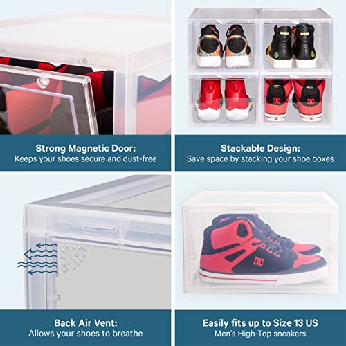 Dionyssa Shoe Storage Large Box -Set of 2 Drop Clear Front Door Shoe Organizer Stackable Display Case- Magnetic Front lids Plastic Container, easy to Assemble-Perfect for Sneakers up to men's size 13 and high-heels. Great closet shoe organizer.