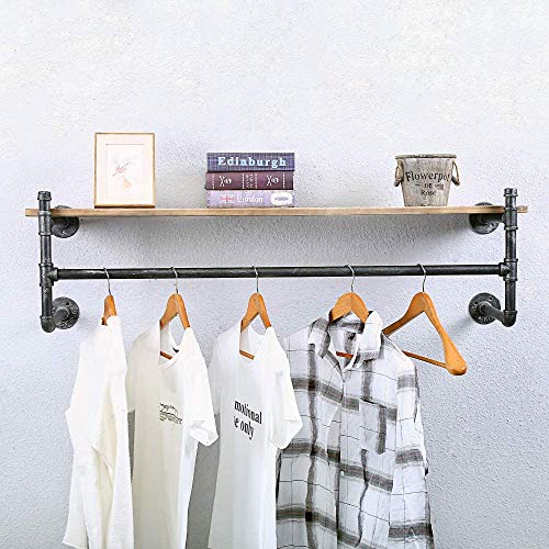 WJJ Industrial Pipe Clothing Rack Wall Mounted with Real Wood Shelf,Pipe Shelving Floating Shelves Wall Shelf,Rustic Retail Garment Rack Display Rack, 48in Steam Punk Commercial Clothes Racks