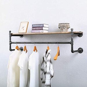 WJJ Industrial Pipe Clothing Rack Wall Mounted with Real Wood Shelf,Pipe Shelving Floating Shelves Wall Shelf,Rustic Retail Garment Rack Display Rack, 48in Steam Punk Commercial Clothes Racks