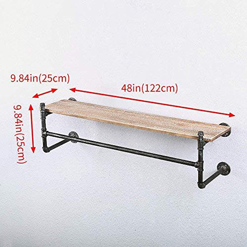 WJJ Industrial Pipe Clothing Rack Wall Mounted with Real Wood Shelf,Pipe Shelving Floating Shelves Wall Shelf,Rustic Retail Garment Rack Display Rack, 48in Steam Punk Commercial Clothes Racks