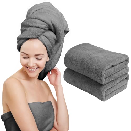 Scala (2 Pack Extra Large Microfiber Hair Towel 24" x 48" Anti Frizz for Long Hair, Multipurpose Bath Towel for Pool, Gym, Yoga, Camping - Quick Drying, Ultra Absorbent Includes Towel Clips