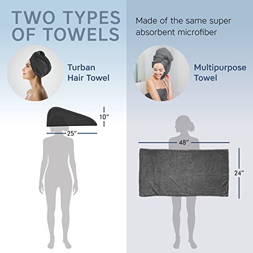 Scala (2 Pack Extra Large Microfiber Hair Towel 24" x 48" Anti Frizz for Long Hair, Multipurpose Bath Towel for Pool, Gym, Yoga, Camping - Quick Drying, Ultra Absorbent Includes Towel Clips