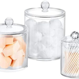 Marathon Studios Qtip Holder Dispenser Acrylic Clear 3 Pack for Cotton Swabs/Cotton Balls/Cotton Rounds, Bathroom Accessories Apothecary Jars Vanity Organizer, Bathroom Canisters - 30 oz/20 oz/10 oz