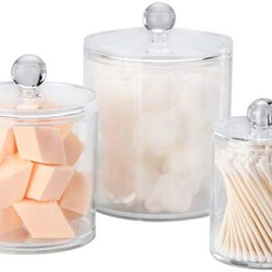 Marathon Studios Qtip Holder Dispenser Acrylic Clear 3 Pack for Cotton Swabs/Cotton Balls/Cotton Rounds, Bathroom Accessories Apothecary Jars Vanity Organizer, Bathroom Canisters - 30 oz/20 oz/10 oz