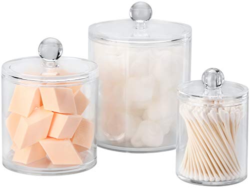 Marathon Studios Qtip Holder Dispenser Acrylic Clear 3 Pack for Cotton Swabs/Cotton Balls/Cotton Rounds, Bathroom Accessories Apothecary Jars Vanity Organizer, Bathroom Canisters - 30 oz/20 oz/10 oz