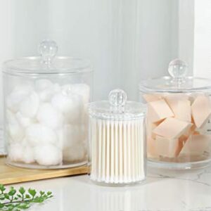 Marathon Studios Qtip Holder Dispenser Acrylic Clear 3 Pack for Cotton Swabs/Cotton Balls/Cotton Rounds, Bathroom Accessories Apothecary Jars Vanity Organizer, Bathroom Canisters - 30 oz/20 oz/10 oz