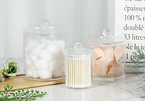 Marathon Studios Qtip Holder Dispenser Acrylic Clear 3 Pack for Cotton Swabs/Cotton Balls/Cotton Rounds, Bathroom Accessories Apothecary Jars Vanity Organizer, Bathroom Canisters - 30 oz/20 oz/10 oz