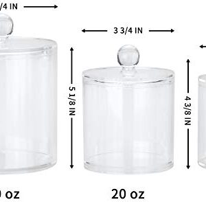 Marathon Studios Qtip Holder Dispenser Acrylic Clear 3 Pack for Cotton Swabs/Cotton Balls/Cotton Rounds, Bathroom Accessories Apothecary Jars Vanity Organizer, Bathroom Canisters - 30 oz/20 oz/10 oz